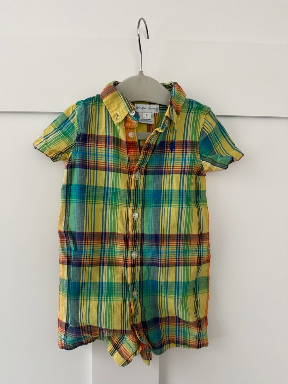 Ralph Lauren Yellow Green Plaid Cotton Button-Front Baby Romper 6 months